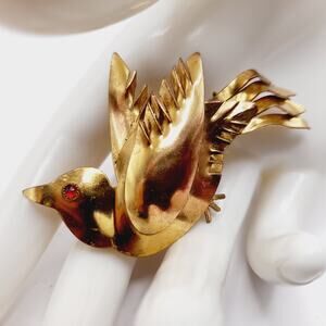 Vintage Gold‑Tone Bird Brooch – Swiss Made Figural Pin w/ Red Rhinestone Eye